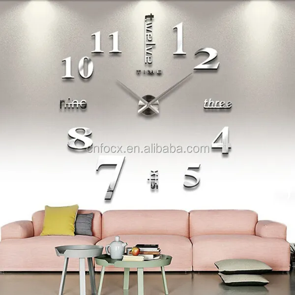 DIY Silver Large 3D Wall Clock / Home Decorative Mirror wall clock / Wall Sticker Decal Clocks