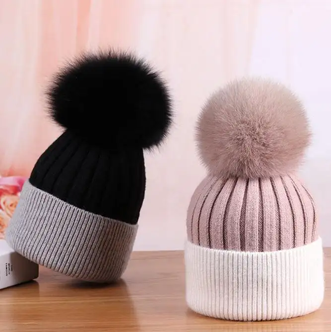 Gorro de invierno con pompón y Bola de pelo para mujer, gorro de punto para niña y mujer, gorros gruesos