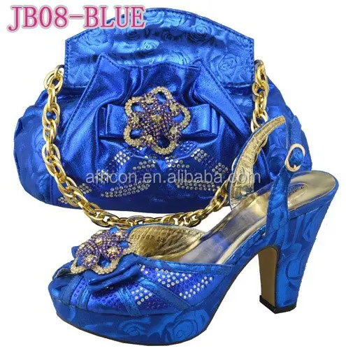 JB08 azul nupcial zapatos de tacón bajo partido zapatos italianos de la manera y bolsos a juego