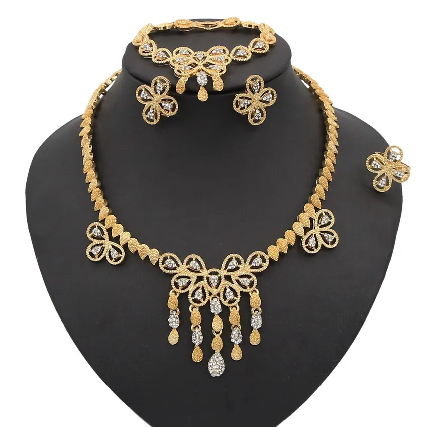 Conjunto de joyería nupcial Yulaili, boda nigeriana, conjuntos de joyas de oro de Dubái para mujer, collar de flores grandes africanas, pendientes, joyería