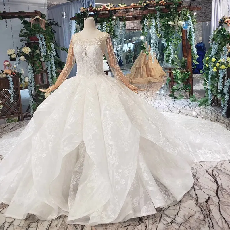 Jancember HTL520-vestido de boda de encaje de manga larga con cuentas, última muestra Real, de lujo