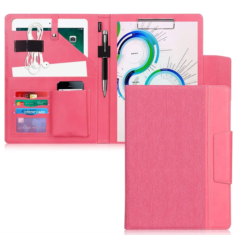 Factory OEM pu leather folder organizer padfolio with clipboard and phone pocket