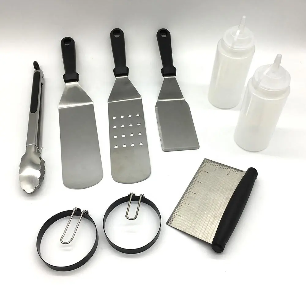 Spatula Griddle Baja Tahan Karat, Set Spatula Logam 9 Datar, Pengeruk Wajan, Pengaduk Pancake Hamburger, Wajan Luar Ruangan