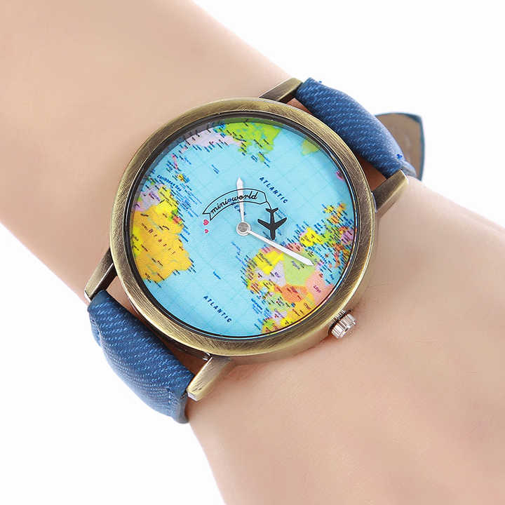 ขายส่งยอดนิยมควอตซ์เครื่องบินนาฬิกาผู้หญิงหนังผู้ชายนาฬิกาข้อมือ World แผนที่นาฬิกา OEM