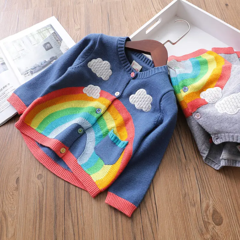 Abbigliamento bambino del commercio all'ingrosso maglione lavorato a maglia arcobaleno delle ragazze di disegno lungo del manicotto del maglione del capretto