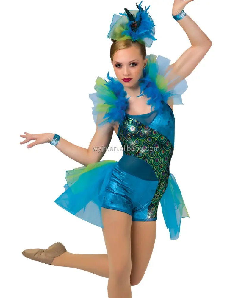 新到着女性タップとジャズステージダンス衣装クールガール孔雀ダンスの摩耗の役割ステージパフォーマンスダンスドレス