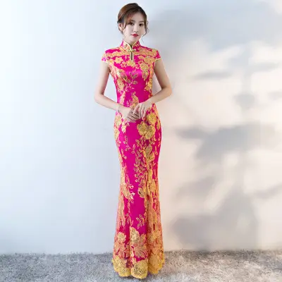 Vestido chinês da tradição 2018 elegante, estilo melhorado plus size, azul, qipao, cauda de sereia, renda longa, vestido cheongsam