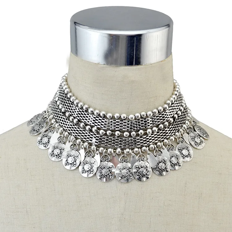 Collar Vintage personalizado Tribal tibetano de plata, gargantilla con estilo, Collar con pechera, cadena corta, Collar con monedas anchas