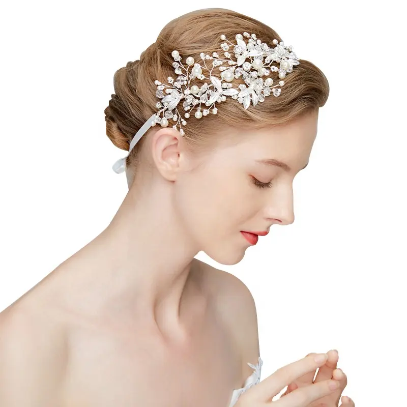 Diadema hecha a mano para novia, accesorios para el cabello personalizados, diademas de perlas con cinta de flores y hojas para boda