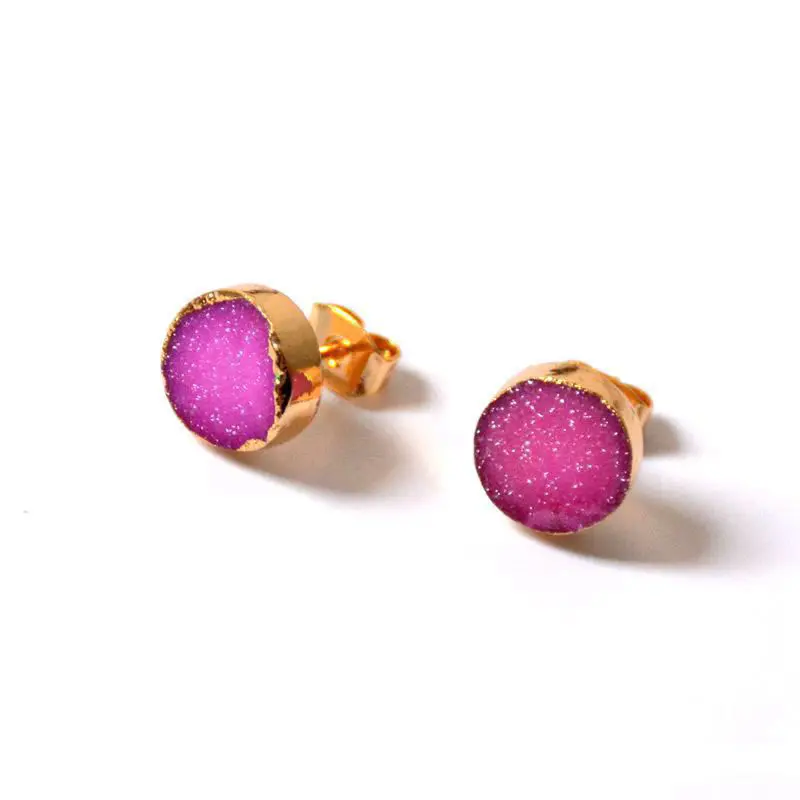 Gran oferta, joyería Popular de ágata, pendientes de tuerca Druzy de cuarzo redondo Natural a la moda, pendientes de piedra Drusy rosa de cristal para mujer