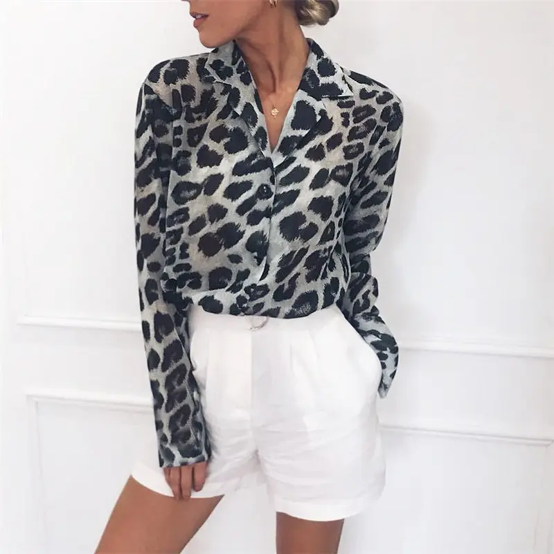 Женская Офисная рубашка с отложным воротником, туника, Повседневная шифоновая блузка с длинным рукавом и леопардовым принтом