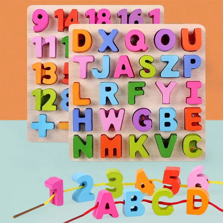 Multifunktions pädagogisches bunte brief anzahl threading spielzeug holz alphabet puzzles für kleinkinder