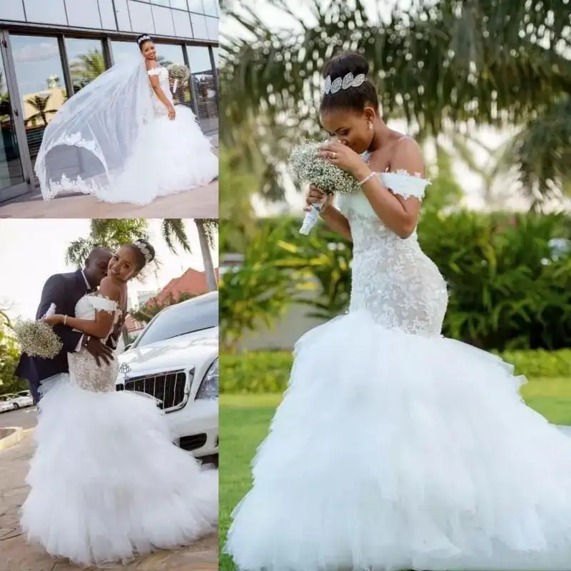 NE311 African Mermaid Wedding Dresses Lace Appliques Off Shoulder Bridal Gowns Custom Made Tiered Tulle Wedding Dress Plus Size