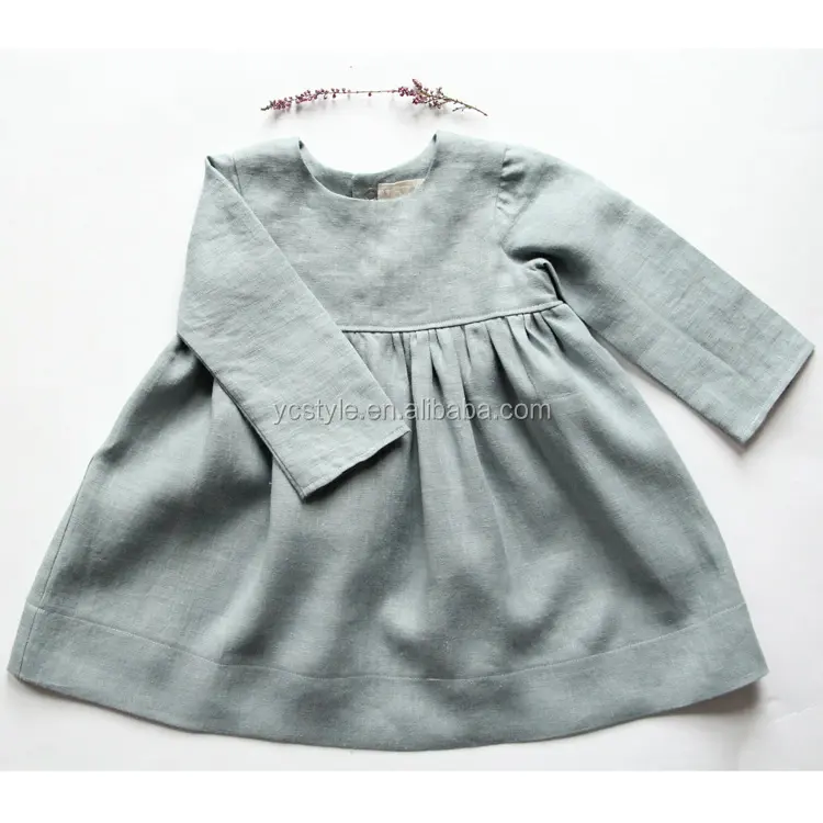 Baby girls gray linen dress with long sleeves for autumn   round neck over knee baptism dress made with pre washed linen