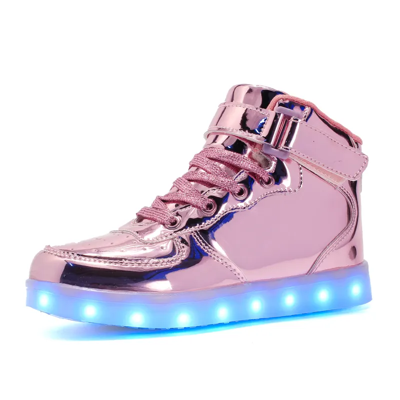 Specchio tacco alto luce superiore lampeggiante per bambini scarpe Led EVA in rete di gomma scarpe per bambini inverno bambino primavera modello di scarpe mocassini