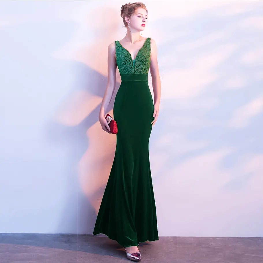 923 # vestito da sera delle donne 2020 Nuovo di stile fishtail sexy scollo a v abiti da damigella d'onore elegante