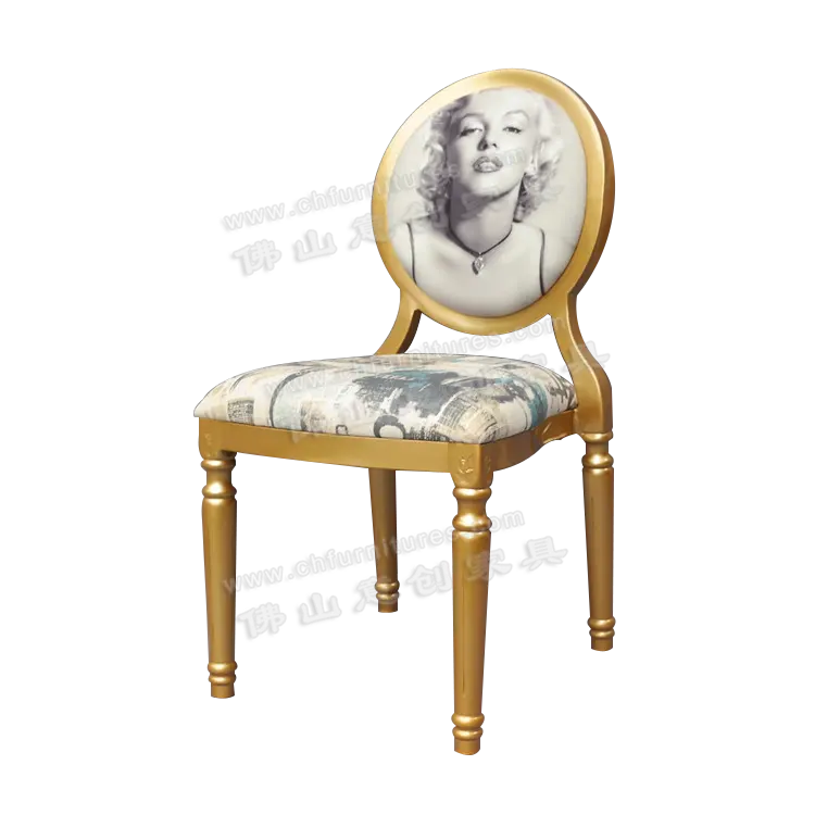 Sillas de comedor de aluminio para restaurante, muebles modernos dorados con imagen de Marilyn Monroe, parte trasera redonda, reproducción francesa, YC-D05, para Hotel