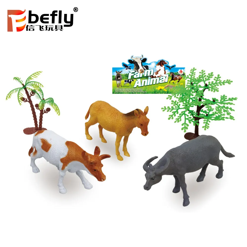 Modelo de caballo de ganado de búfalo, juego de animales de granja de plástico, juguetes con árbol