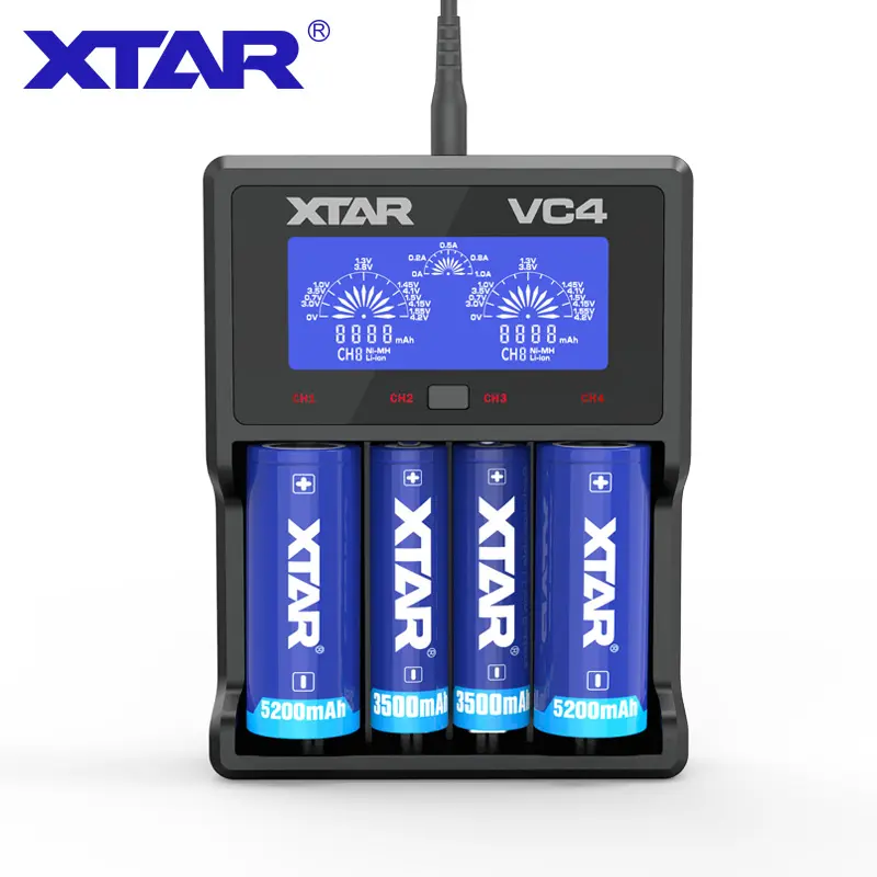 XTAR VC4 4 slots 5V 2.1A LCD Display DC USB Input AA AAA nimh D size and Li-ion 18650 26650 Rechargeable Battery Charger