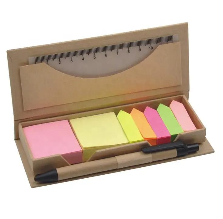 Eco Friendly Custom Logo Premium Kraft Paper Cover Sticky Notes With Pen And Ruler