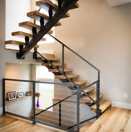 Straight indoor DIY wire cable railing steel wood stairs design with red oak steps