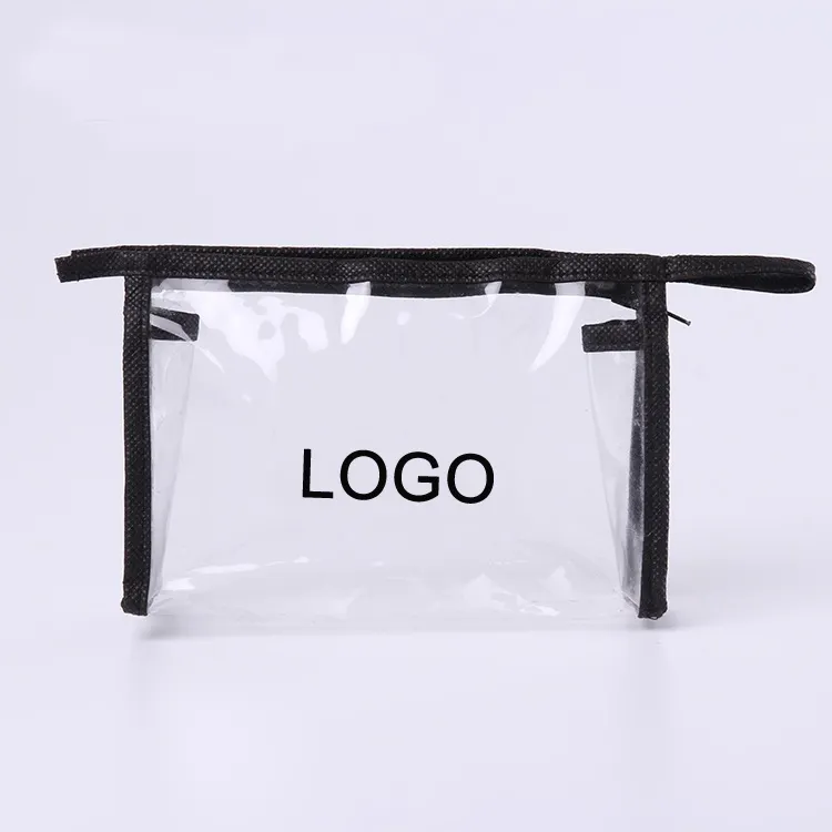 Promocional personalizar o logotipo imprimir transparente pvc plástico transparente saco cosmético com borda não-tecido