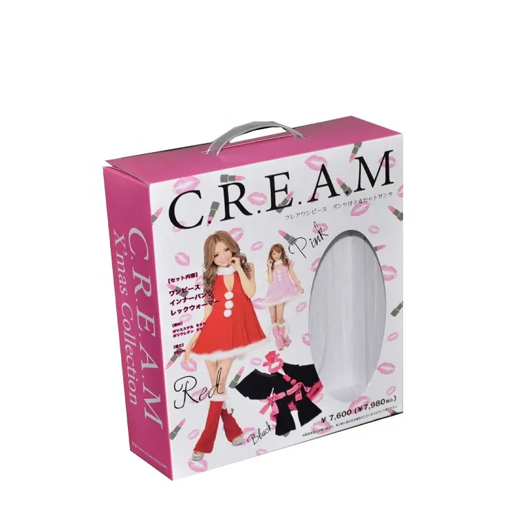 Verpackungs box für kunden spezifische Damen bekleidung mit Kunststoff griff Maß gefertigte Wellpappen-Farbbox mit transparentem PVC-Fenster