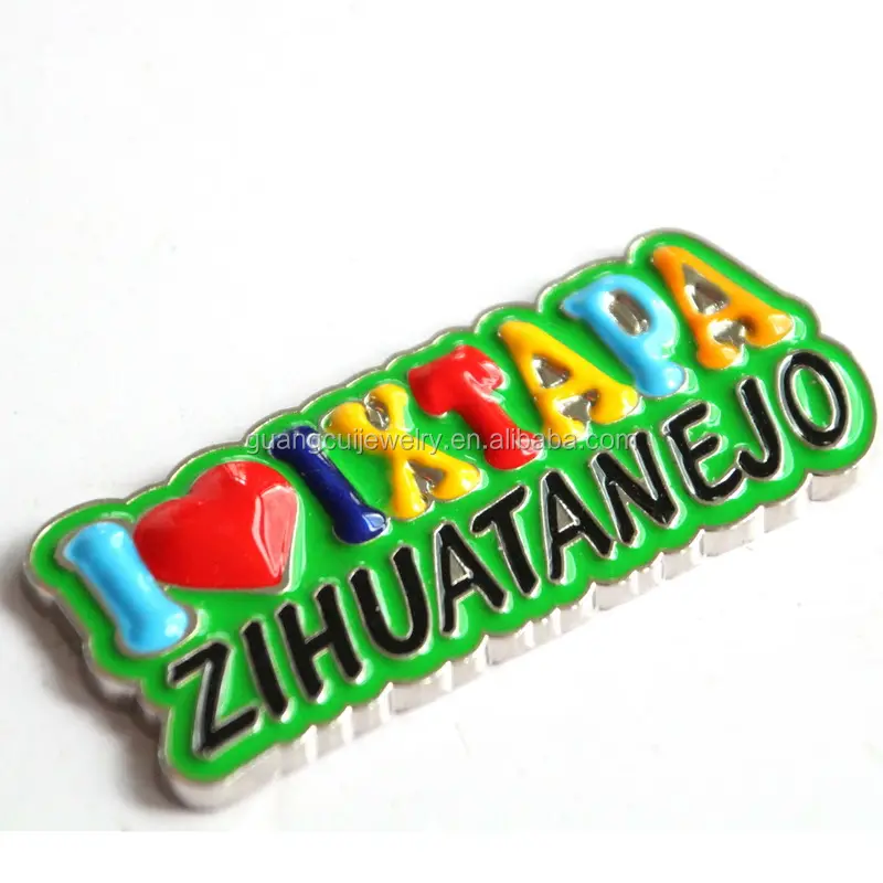 Imán de nevera metálico de aleación de zinc esmaltado, logo personalizado Ixtapa Zihuatanejo, recuerdo turístico de México, venta al por mayor