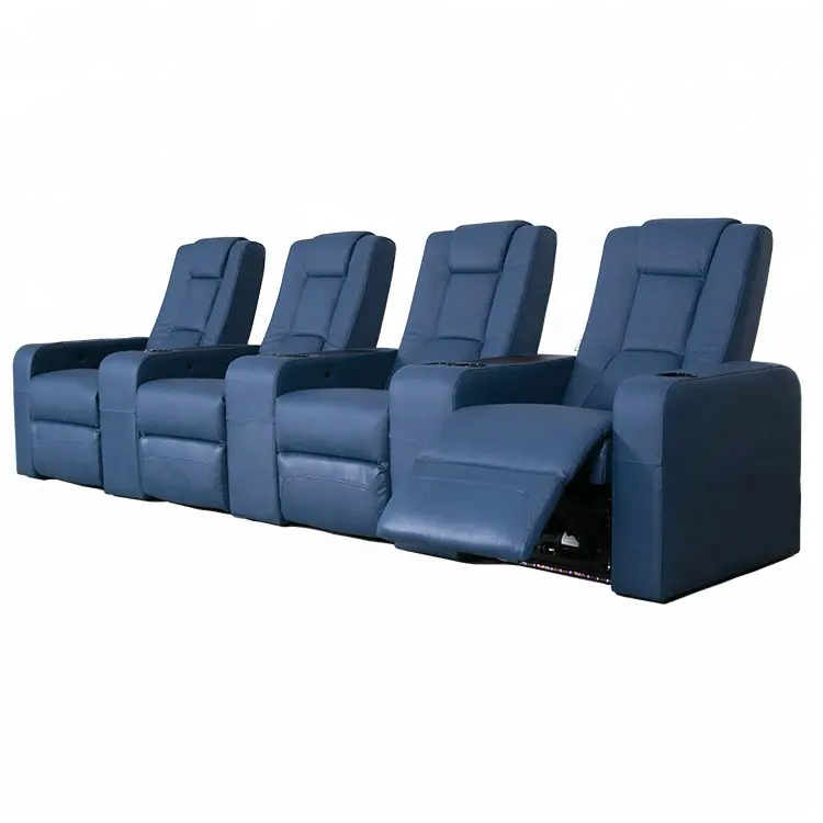 Conjunto de sofás de cuero para cine en casa, sillón reclinable de 4 asientos, eléctrico, azul, con mesa USB y luz LED