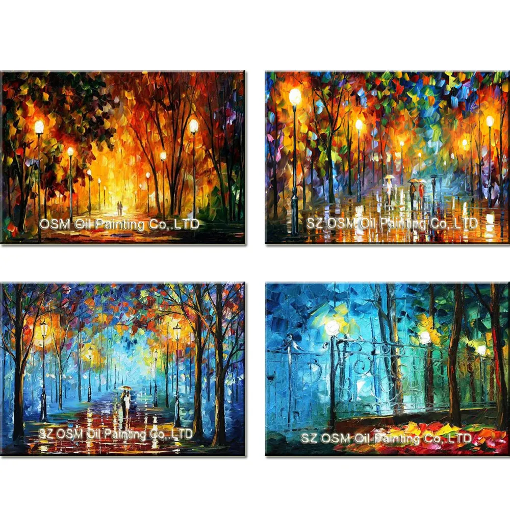 100% fatto a mano Midnight Landscape Knife pittura a olio su tela per soggiorno Modern Street Wall Art Canvas Oil Painting