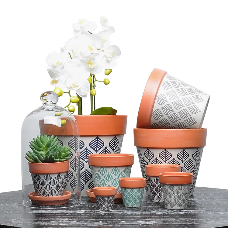 Geometria della decalcomania stampato a basso prezzo rustico terracotta succulente planter/a buon mercato giardino fioriere e vasi