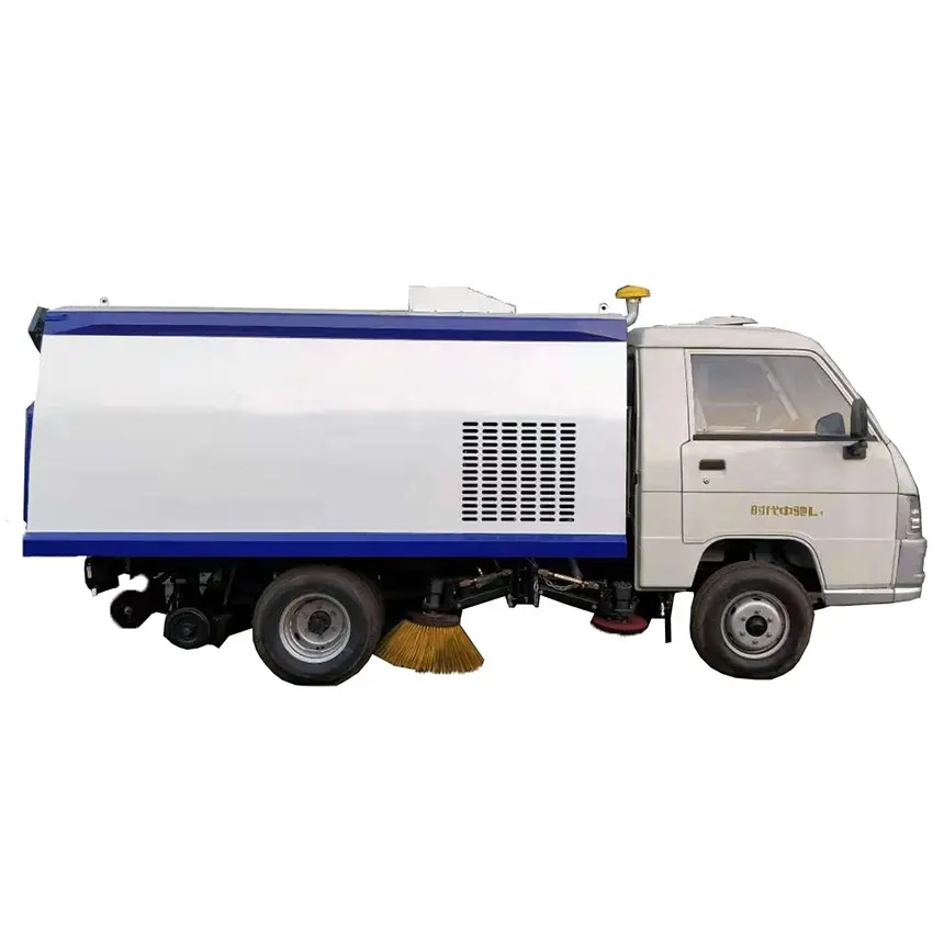 2cbm mini road sweeping truck with 4 brushes in the middle and a vacuum suction at the rear, road sweeper truck