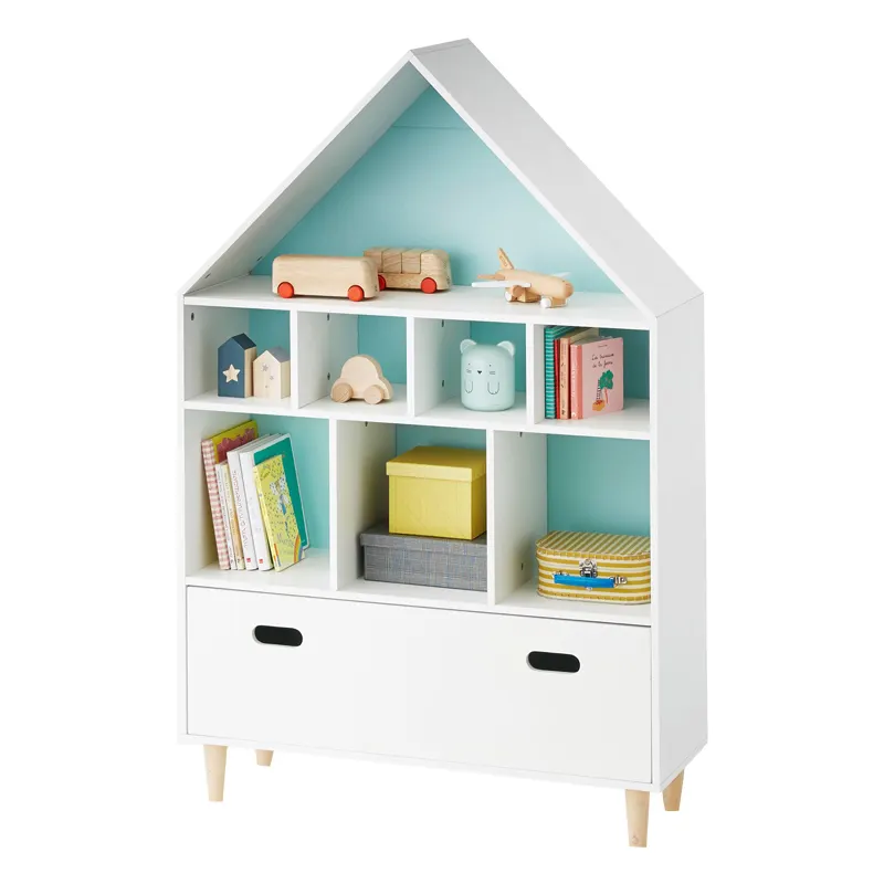 White House Shaped Solid Wooden MDF Bookcase Multifunction Shelf With Drawers Furniture For Kindergarten