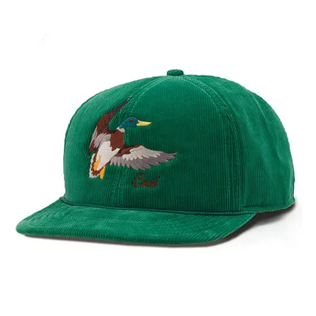 Gorra snapback verde de alta calidad, sombrero snapback deportivo de pana de 6 paneles con visera cuadrada