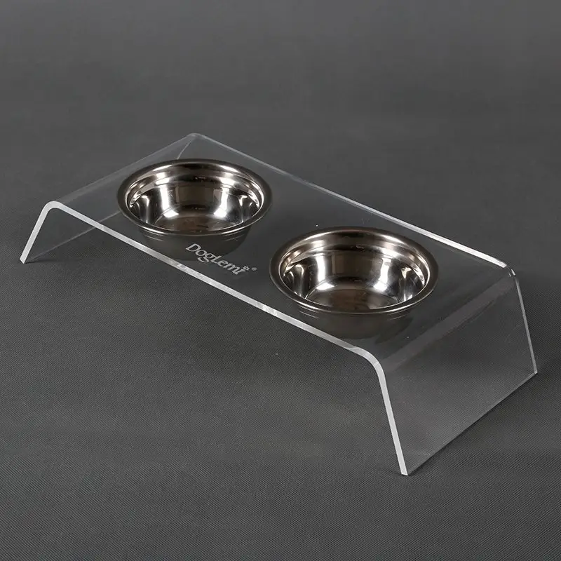 thermal bending acrylic pet feeder stand with bowls Cat and Dog Stainless steel food feeder double bowl with transparent stand