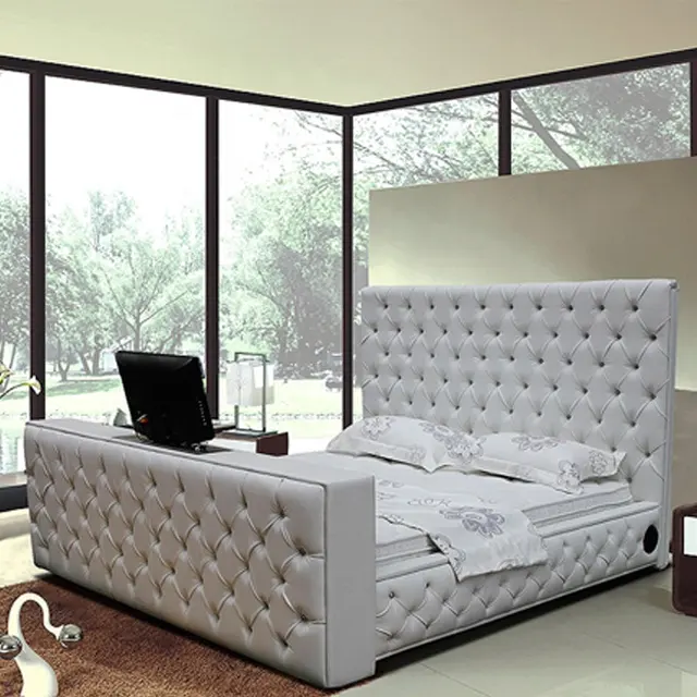 King size leather bed with automatic tv lift tv bed frame on sale G922