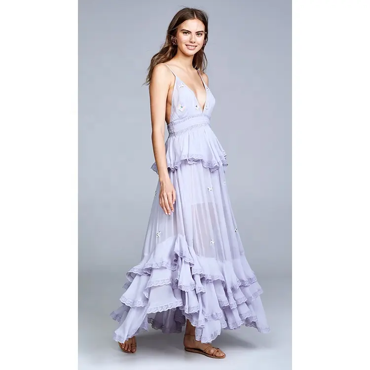 Summer dresses casual ruffle pleated maxi dress backless long strappy dress