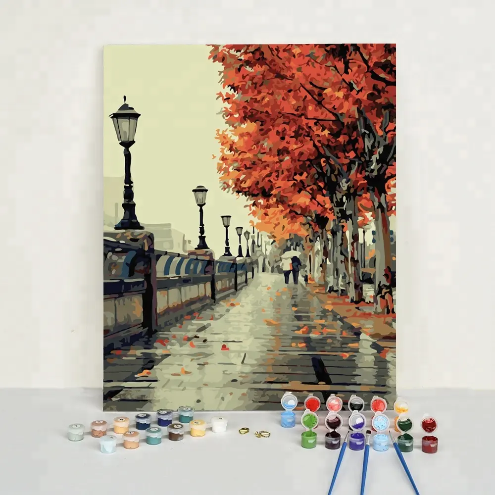 Pintura de rua com números da paisagem romântica, popular, chuva, outono, pintura de acrílico