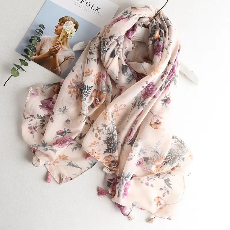 Wholesale 2019 latest cheap scarf with tassel fashion soft floral print 100% cotton voile scarf
