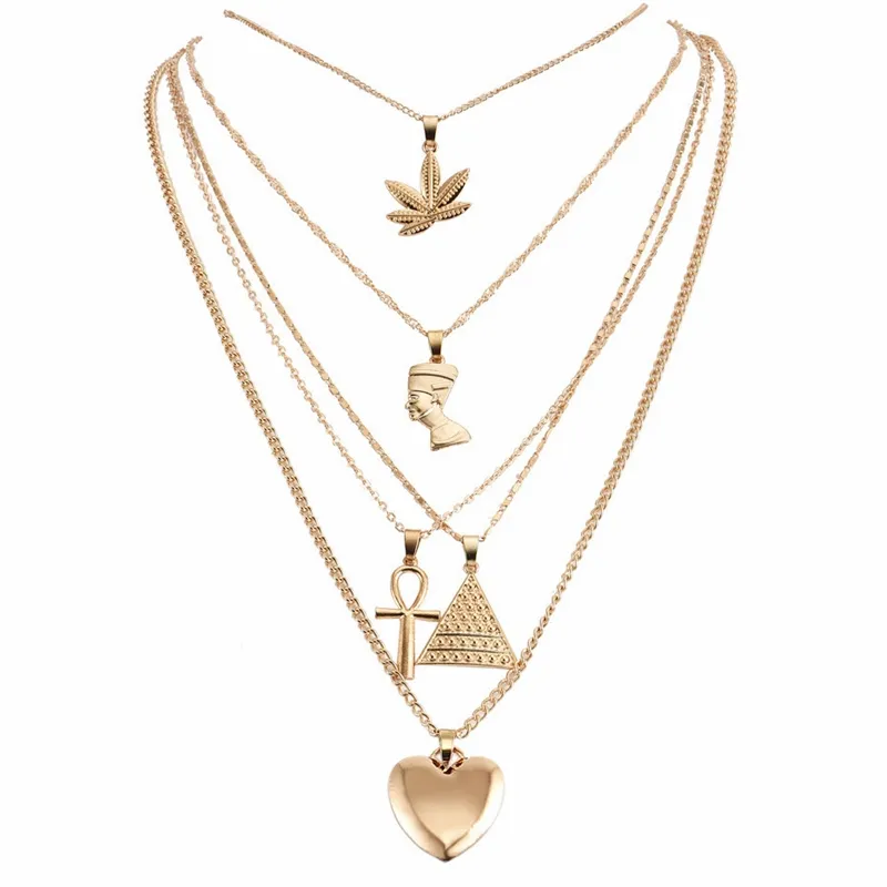 Оптовая продажа, позолоченные египетские ювелирные изделия, ожерелье, крест Фараона, сердце, пирамида, дерево, листья, подвеска, многослойное ожерелье