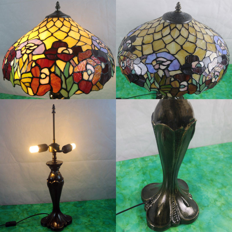 LongHuiJing High End Quality Tiffany Style Table Lamp 16Inch Art Stained Glass Nightlight Liaison Vintage Base Flower lights