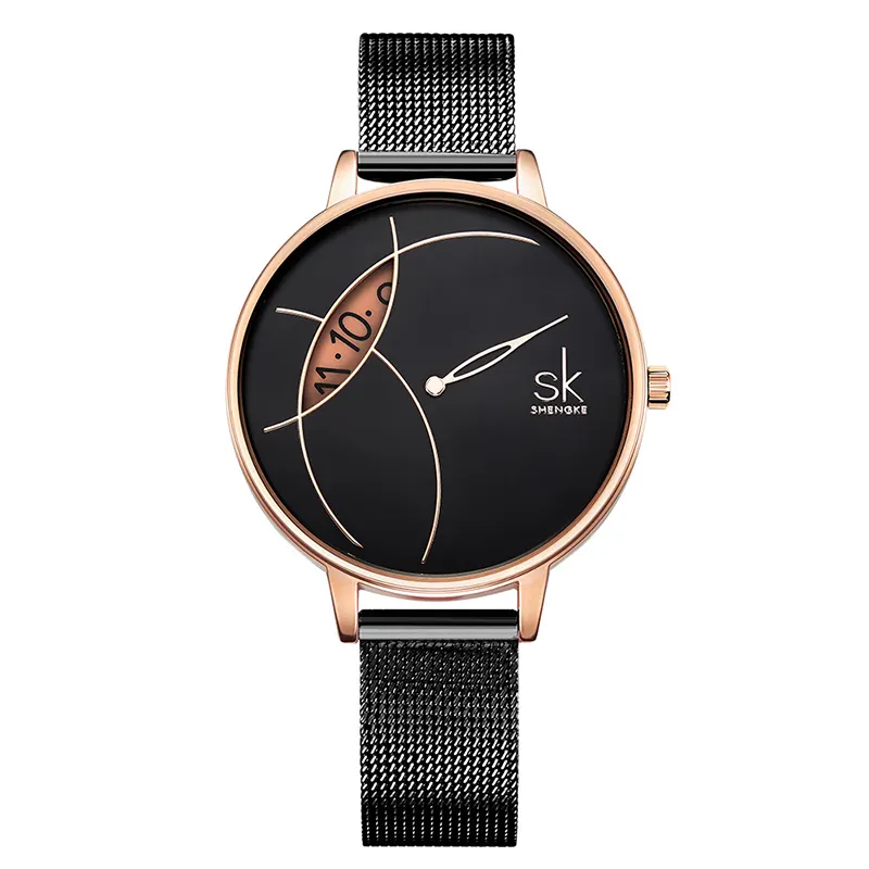 Shengke Brand Fashion Watch Creative Dial Lady Casual Watches Stainless Steel Mesh Band Stylish Quartz Luxury Women SK Watch New