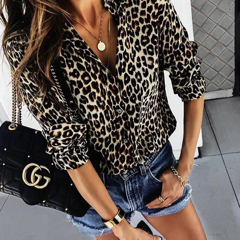 Camiseta de manga larga a la moda 3XL para mujer, camisas sexys con estampado de leopardo para verano
