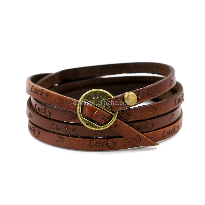 Amigo lucky pulseira de couro genuíno, bracelete de envoltório com fivela de metal, vintage, pulseira unissex de couro personalizada