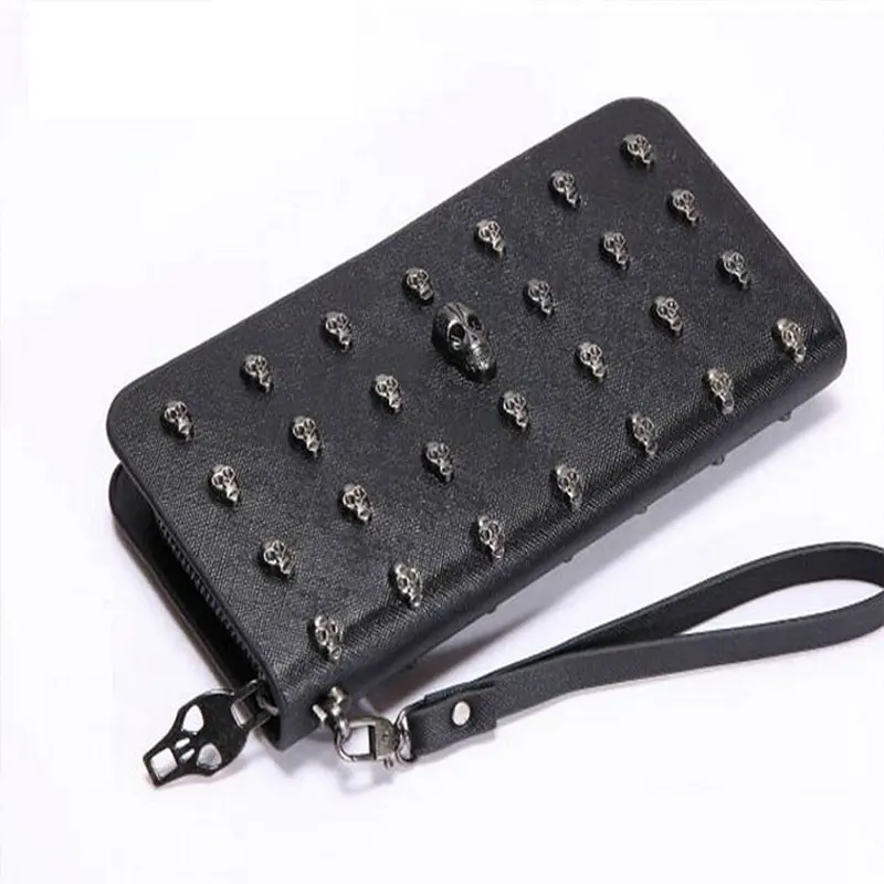 Cartera de cuero sintético con remaches de calavera punk para hombre y mujer, Cartera de mano con diseño de esqueleto largo vintage