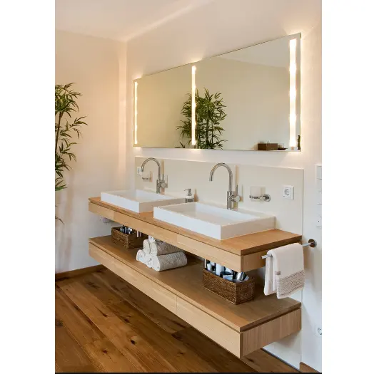 فندق الحمام المستطيل الخشب سطح صلب غسيل مزدوج احواض غسل اليد