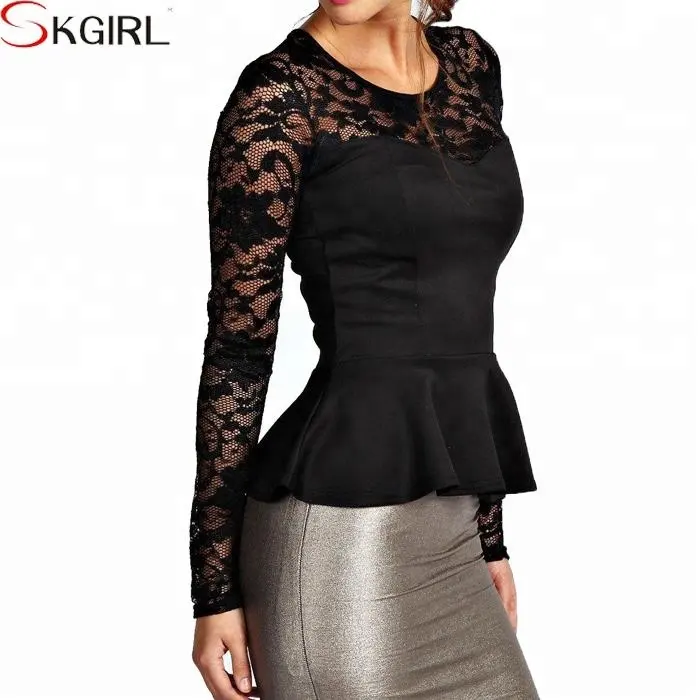 Black elegant quality fashion crochet lace long sleeve peplum top blouse