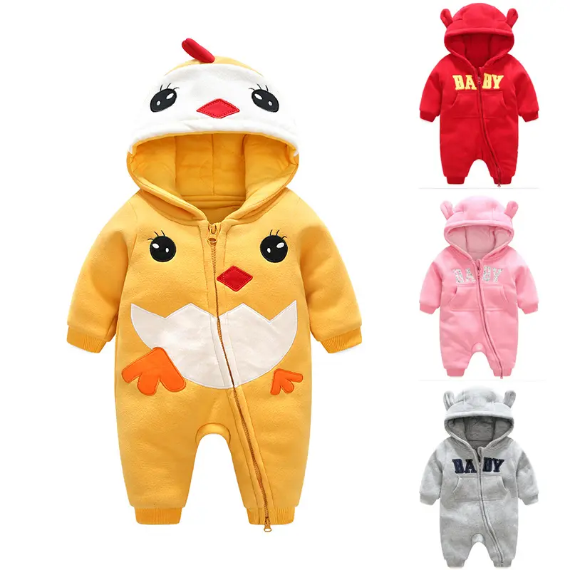 YQ94 Wholesale 100% cotton baby kids clothes soft stylish baby winter hooded animal romper set baby romper