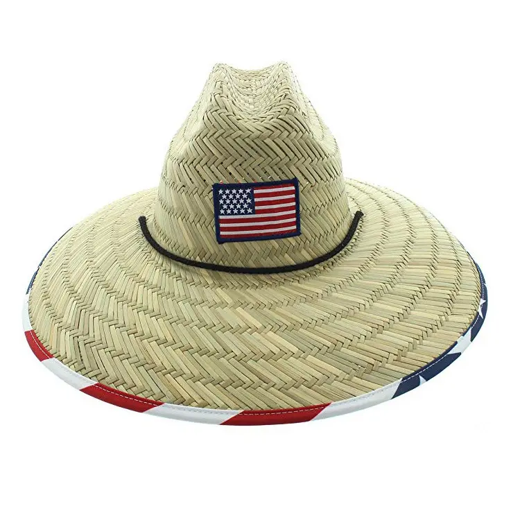 Tapete de grama com destino a bandeira americana mens sombrero mexicano palha chapéu de surf salva-vidas