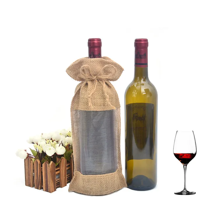 Bouteille de vin rouge en jute avec fenêtre, ml, prix d'usine, toile de jute, cadeau écologique en toile de jute